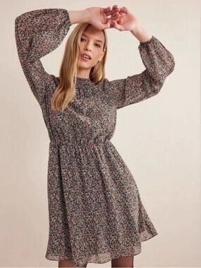 Boden High Neck Flippy Ditsy Floral Long Sleeve Midi Dress Size 8 Long